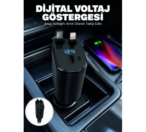 4 Cihazı Aynı Anda Şarj Eden Araç Şarj Cihazı USB-A, USB-C, Type-C ve Lightning Destekli