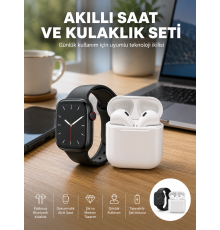 Akıllı Saat Gümüş Kasa Bluetooth Kulaklık Hediyeli Çok Fonksiyonlu İkili Set