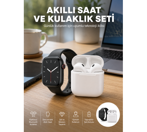 Akıllı Saat Gümüş Kasa Bluetooth Kulaklık Hediyeli Çok Fonksiyonlu İkili Set