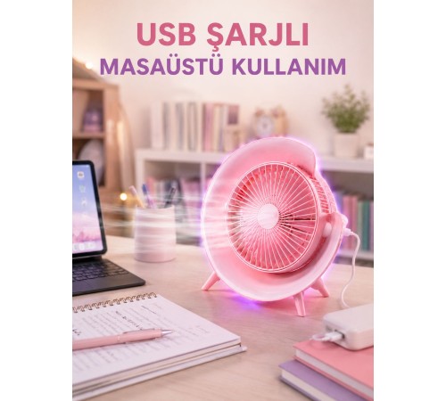 Gece Lambası Özellikli Şarjlı Mini Masaüstü Fan