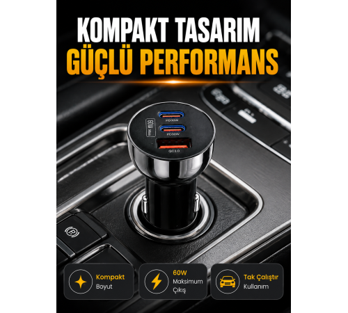 60W Araç İçi Hızlı Şarj Adaptörü Çift USB-C PD ve USB-A QC3.0