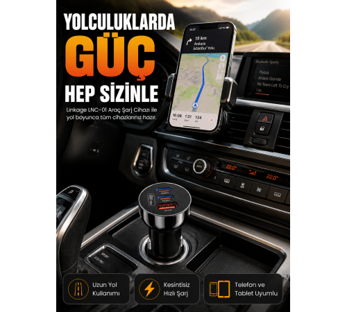 60W Araç Şarj Cihazı Çift Type-C PD ve USB QC3.0 Hızlı Şarj Adaptörü