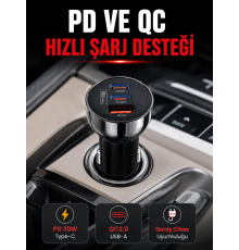 3 Portlu Araç İçi Şarj Adaptörü Çift PD Type-C ve QC3.0 USB Çıkışlı