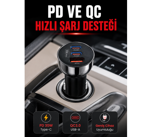 3 Portlu Araç İçi Şarj Adaptörü Çift PD Type-C ve QC3.0 USB Çıkışlı