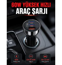 PD 30W Çift USB-C Araç Şarj Cihazı 60W Hızlı Şarj Adaptörü
