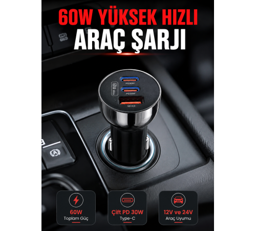 PD 30W Çift USB-C Araç Şarj Cihazı 60W Hızlı Şarj Adaptörü