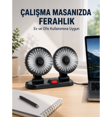 Araç ve Ev Kullanımına Uygun Çift Başlıklı Masaüstü Vantilatör