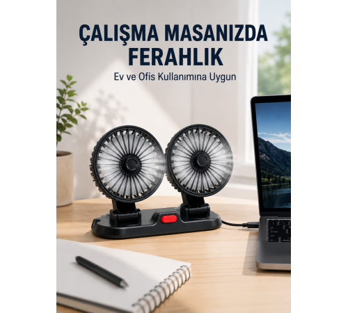 Araç ve Ev Kullanımına Uygun Çift Başlıklı Masaüstü Vantilatör