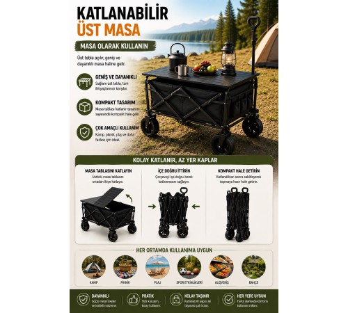 Katlanabilir Kamp Arabası Üst Tablalı 130 Kg Taşıma Kapasiteli Geniş Tekerlekli Çekçek