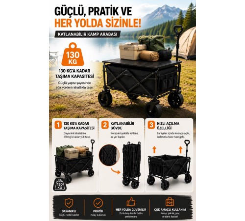 Piknik Kamp Arabası Masalı Geniş Tekerlekli Taşıma ve Yük Arabası 130 Kg
