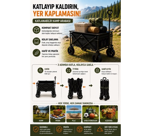 Katlanır Kamp Arabası 130 Kg Kapasiteli Üst Tablalı Kalın Tekerlekli Çok Amaçlı Taşıma Arabası