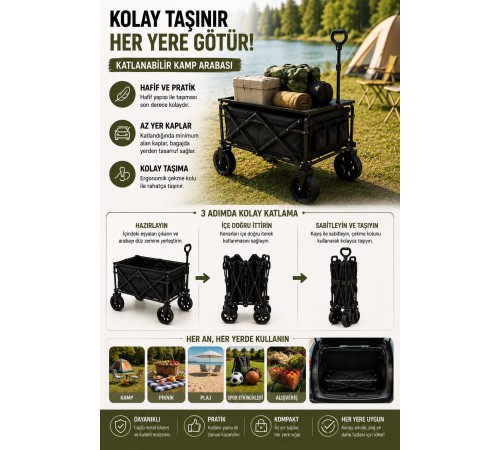 Kamp Piknik Plaj Arabası Katlanabilir Masalı Çekme Kollu Kompakt Taşıma Arabası 130 Kg