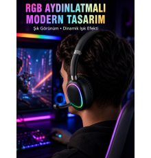 RGB Işıklı Bluetooth Mikrofonlu Kulaklık Uzun Süreli Kullanım Type-C Şarjlı