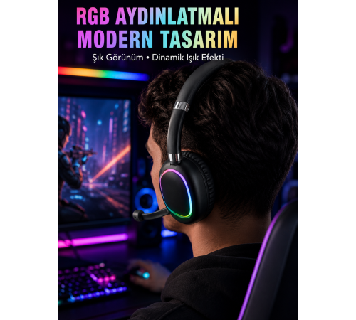 RGB Işıklı Bluetooth Mikrofonlu Kulaklık Uzun Süreli Kullanım Type-C Şarjlı