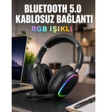 Bluetooth 5.0 Kablosuz Kulak Üstü Kulaklık Mikrofonlu RGB Aydınlatmalı