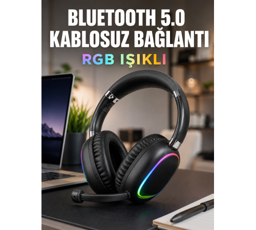 Bluetooth 5.0 Kablosuz Kulak Üstü Kulaklık Mikrofonlu RGB Aydınlatmalı