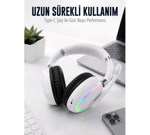 Beyaz Bluetooth 5.0 Mikrofonlu Kablosuz Kulak Üstü Kulaklık RGB Işıklı Type-C Şarjlı