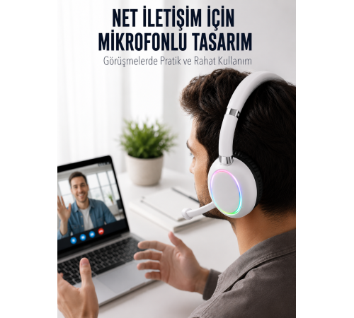 Bluetooth 5.0 Beyaz Kulak Üstü Kablosuz Kulaklık Mikrofonlu RGB Aydınlatmalı