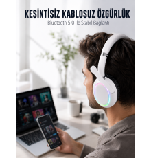 RGB Işıklı Mikrofonlu Bluetooth Kulaklık Beyaz Over-Ear Tasarım Type-C Şarjlı
