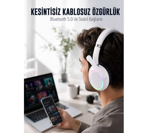 RGB Işıklı Mikrofonlu Bluetooth Kulaklık Beyaz Over-Ear Tasarım Type-C Şarjlı