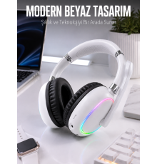 Kablosuz Bluetooth Mikrofonlu Beyaz Kulaklık RGB Işıklı
