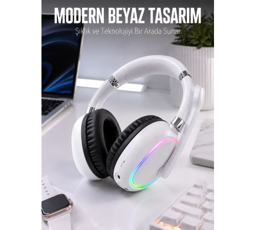 Kablosuz Bluetooth Mikrofonlu Beyaz Kulaklık RGB Işıklı