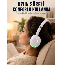 Beyaz Kablosuz Bluetooth Kulaklık Mikrofonlu Ergonomik Kulak Üstü Tasarım