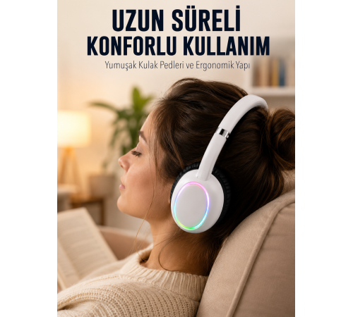 Beyaz Kablosuz Bluetooth Kulaklık Mikrofonlu Ergonomik Kulak Üstü Tasarım
