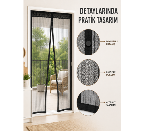 Mıknatıslı Kapı Sinekliği Otomatik Kapanan Siyah File Balkon ve Teras Sinekliği