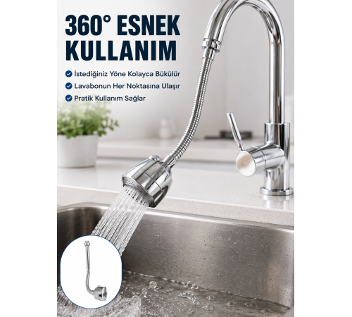 Krom Musluk Uzatma Aparatı 360° Dönebilen Su Tasarruflu Lavabo Fıskiyesi
