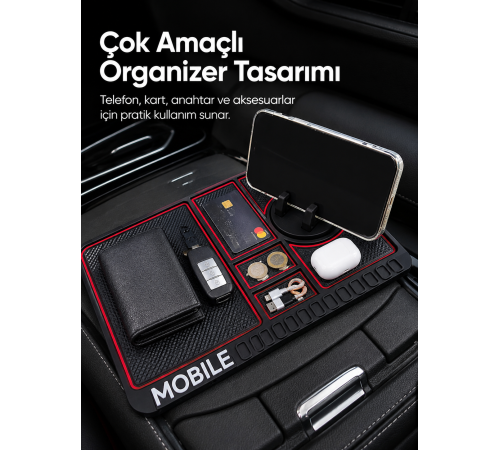Araç İçi Kaydırmaz Organizer Mat Telefon Standlı Çok Amaçlı Konsol Düzenleyici