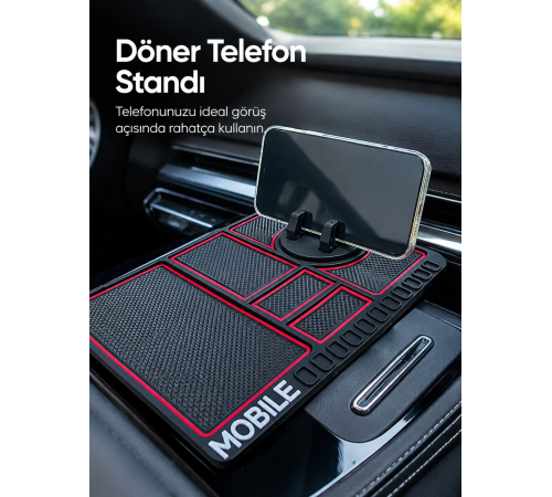 Araç Konsol Organizeri Kaydırmaz Silikon Telefon Standlı Saklama Matı