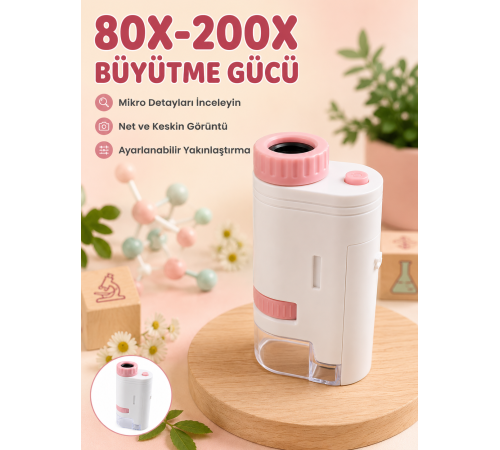Eğitici Taşınabilir Mikroskop Ayarlanabilir Focus, LED Işık ve 80X-200X Yakınlaştırma