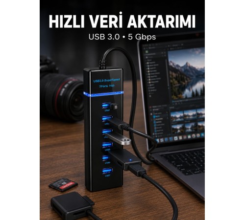 USB 3.0 Çoklayıcı 7 Port Yüksek Hızlı Veri Aktarım