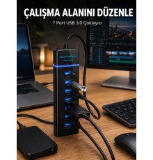 7 Girişli USB 3.0 Hub 5Gbps LED Göstergeli USB Çoğaltıcı