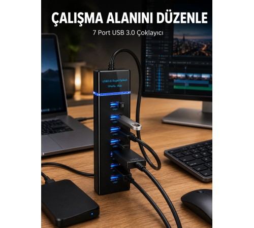 7 Girişli USB 3.0 Hub 5Gbps LED Göstergeli USB Çoğaltıcı
