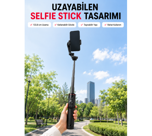 AI Takipli Gimbal Selfie Stick 360° Otomatik Yüz Takibi Bluetooth Kumandalı Uzayabilir Tripodlu Telefon Sabitleyici