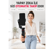 AI Yüz Takip Özellikli Gimbal Selfie Stick 360° Dönebilen Telefon Tutucu Uzayabilir Bluetooth Kumandalı