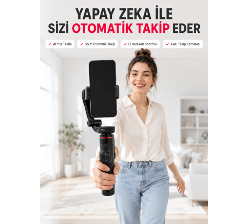AI Yüz Takip Özellikli Gimbal Selfie Stick 360° Dönebilen Telefon Tutucu Uzayabilir Bluetooth Kumandalı