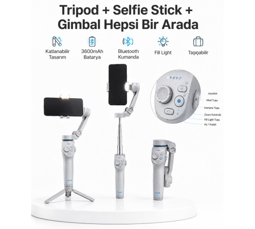 3 Eksen Telefon Gimbal Stabilizer Yapay Zeka Takipli Katlanabilir Dahili Dolgu Işıklı Video Sabitleyici