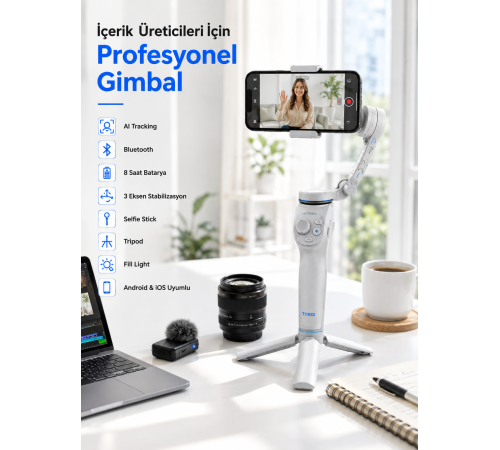 Akıllı Telefon Gimbal Sabitleyici 360° Takip Özellikli Profesyonel Video Çekim Stabilizeri
