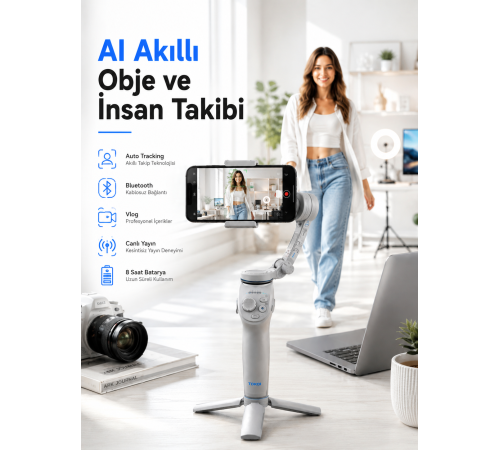 Yapay Zeka Takipli Telefon Gimbali Katlanabilir Tripod Bluetooth Kontrollü Dahili LED Işıklı
