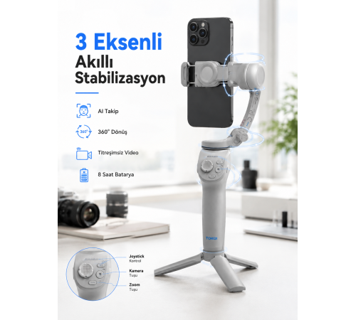 Profesyonel Telefon Gimbal Stabilizer 3 Eksen Sabitleme Çoklu Çekim Modları Uzun Pil Ömürlü Taşınabilir Tasarım