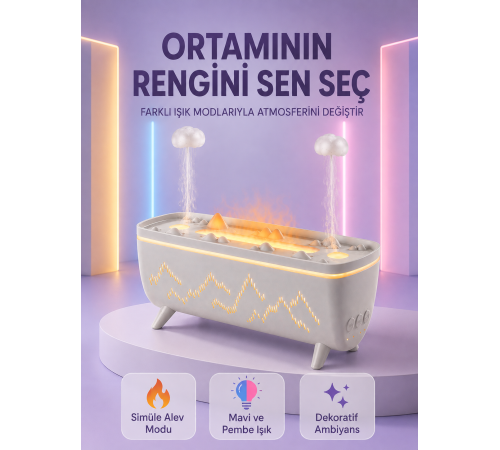 Yağmur Efektli Hava Nemlendirici 280 ML Aromaterapi Difüzörü Alev Modlu Uzaktan Kumandalı