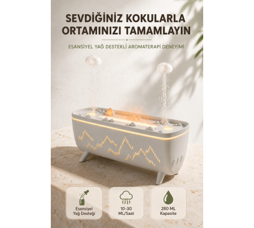 Ultrasonik Hava Nemlendirici Aromaterapi Difüzörü Jöle Yağmur Efektli LED Işıklı 280 ML