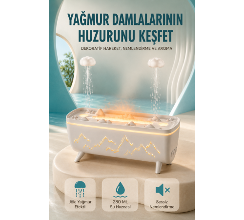 Dekoratif Hava Nemlendirici ve Aromaterapi Difüzörü 280 ML Yağmur Efektli Renkli LED Işıklı