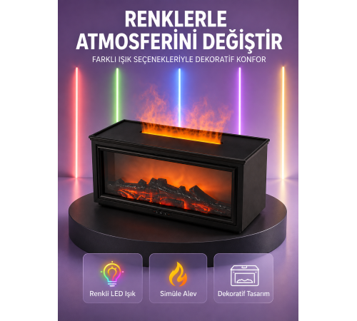 Şömine Görünümlü Hava Nemlendirici Renkli LED Işıklı Aroma Difüzörü
