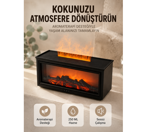 Aroma Difüzörü Simüle Alev Efektli Sessiz Hava Nemlendirici 250 ML