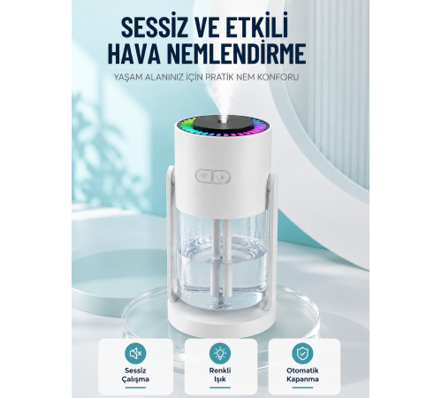 Hava Nemlendirici LED Işıklı Sessiz Çalışan Otomatik Kapanmalı Masaüstü Nemlendirme Cihazı