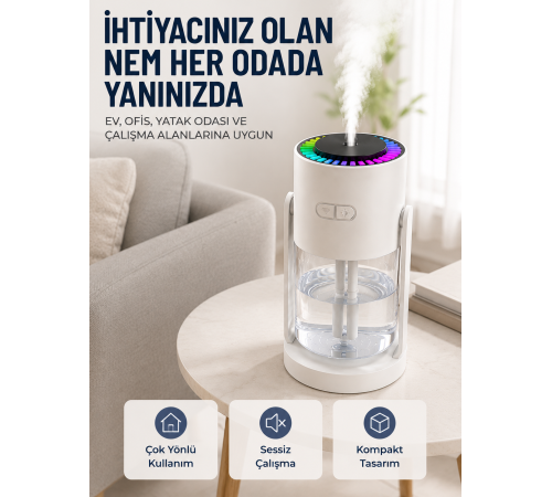 Ultrasonik Hava Nemlendirici Renkli LED Işıklı Sessiz Oda Nemlendirme Cihazı